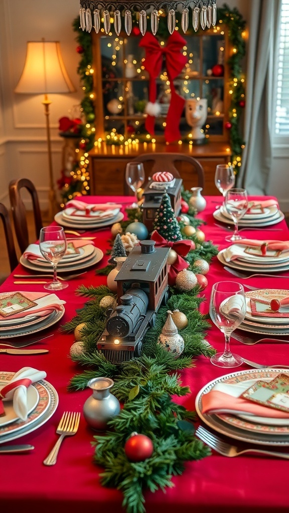 A festive Christmas table setting with a train centerpiece, red tablecloth, and holiday decorations.